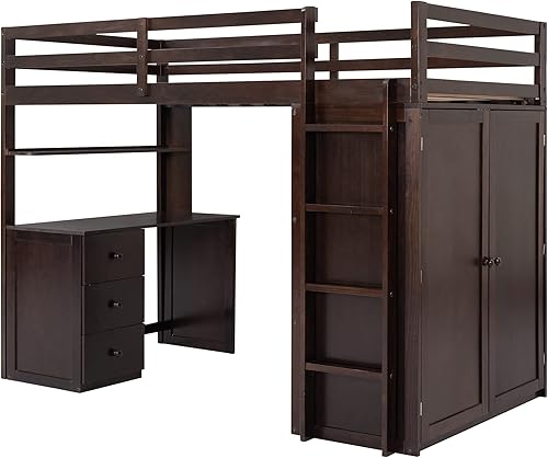 Miniatura 7 de SIYSNKSI Cama tipo loft multifuncional de tamaño individual con cajones de almacenamiento y escritorio marco de cama tipo loft de madera con armario