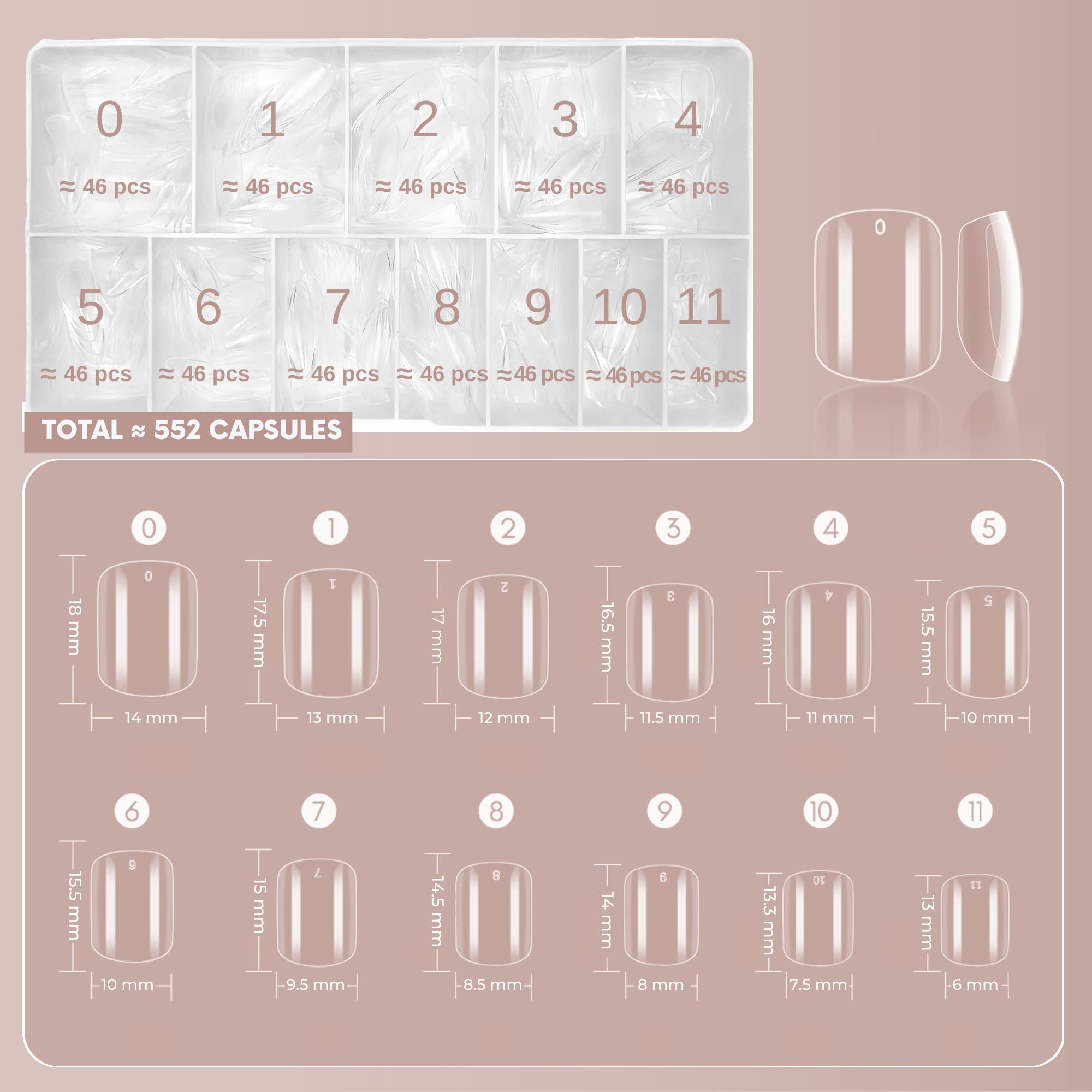Passio'nails 552 Pieces 12 Sizes for Nail Prosthesist Beginner, Nail Art at Home, Manicure Salons, Women, XS Square Extra Short - Image 4