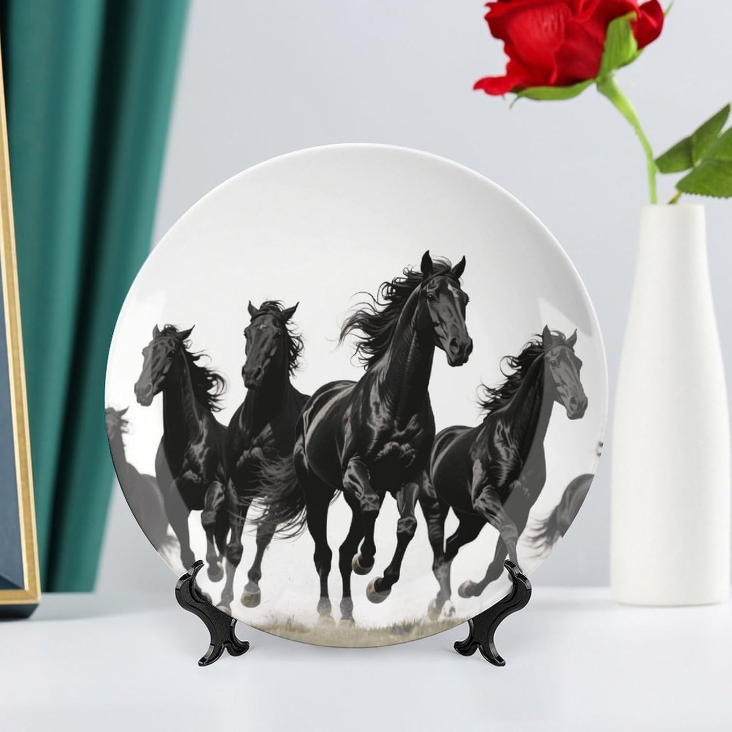 Horse Black Decorative Plates Ceramic Decorative Plates for Display Bohemian Style Dinner Plate with Display Stand China Plate for Home Decoration 10inch