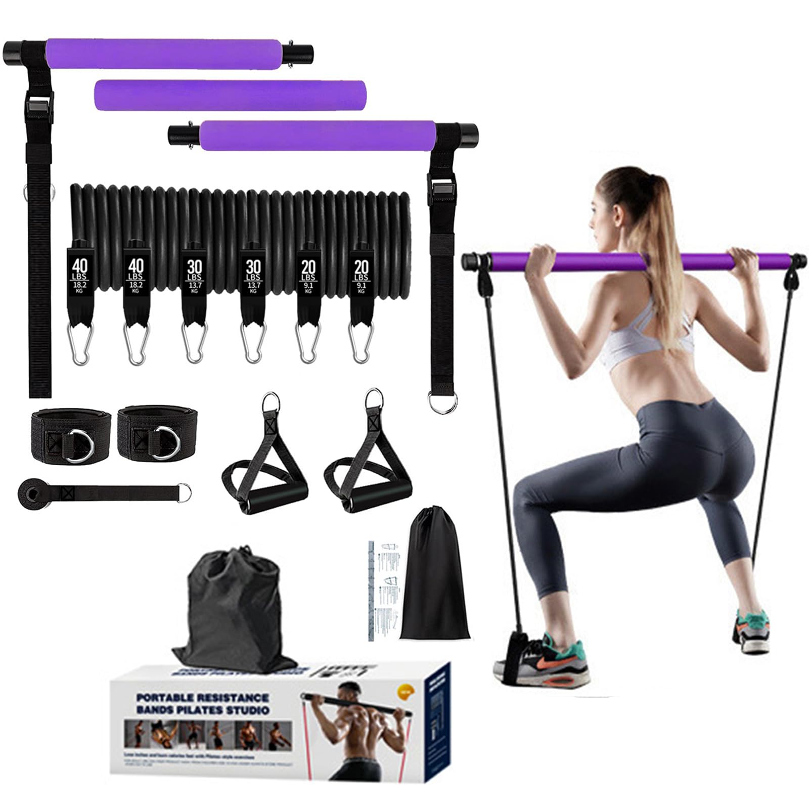 180Lb Pilates Bar Kit with 6Resistance Bands,15Pcs Multifunctional Yoga Bar  Heavy-Duty Metal Adjustment Buckle,Exercise Band for Woman Full Body