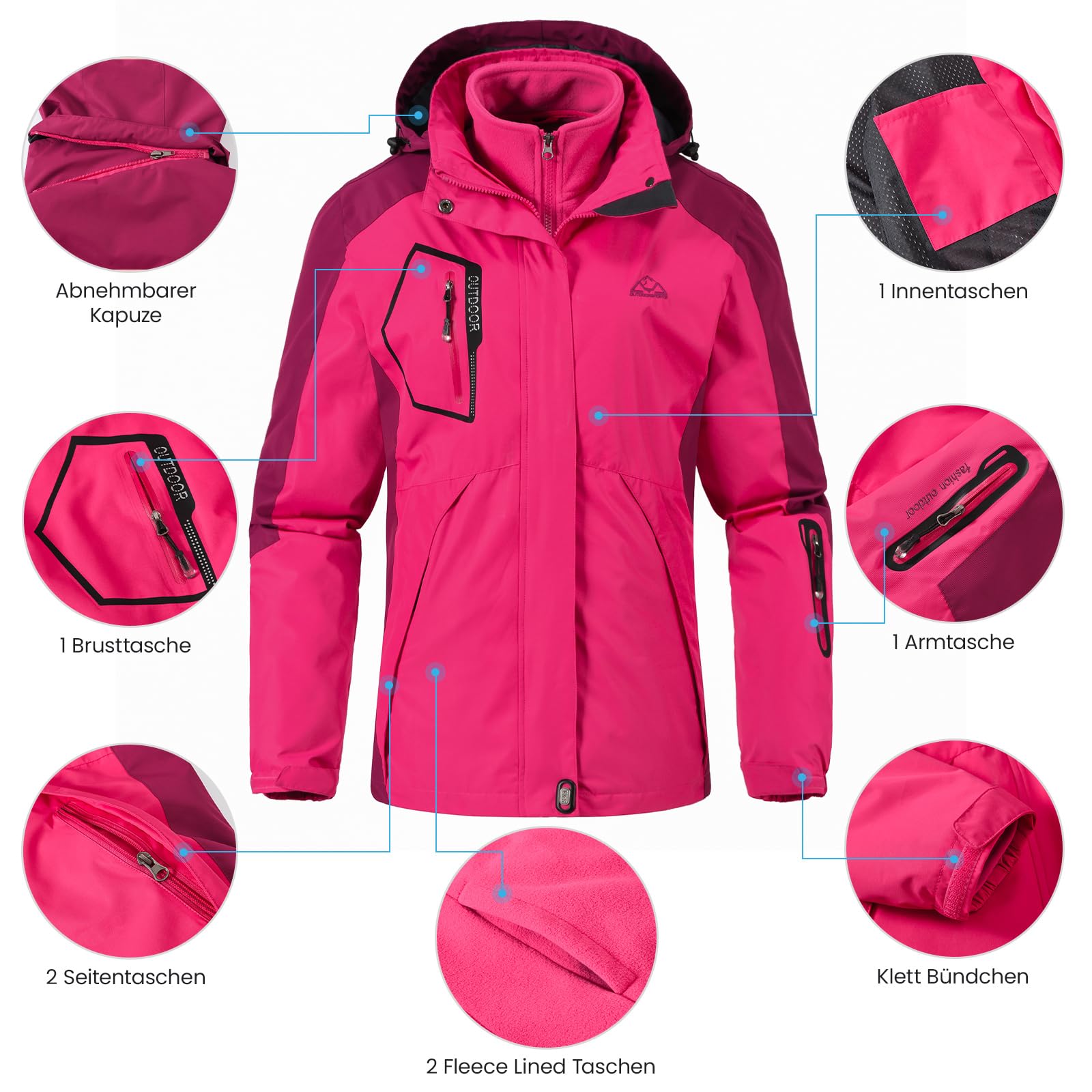 donhobo Damen Outdoor 3-in-1 Skijacke mit Fleecejacke wasserdichte Regenjacke Winddicht Warm Winterjacke Doppeljacke Funktionsjacke mit Abnehmbare Kapuze
