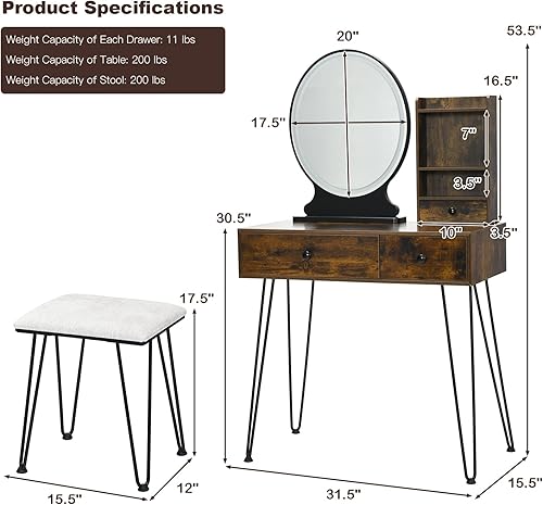Miniatura 7 de CHARMAID Juego de tocador con espejo iluminado, 3 cajones y estantes de almacenamiento de 3 niveles, espejo regulable con pantalla táctil de 3