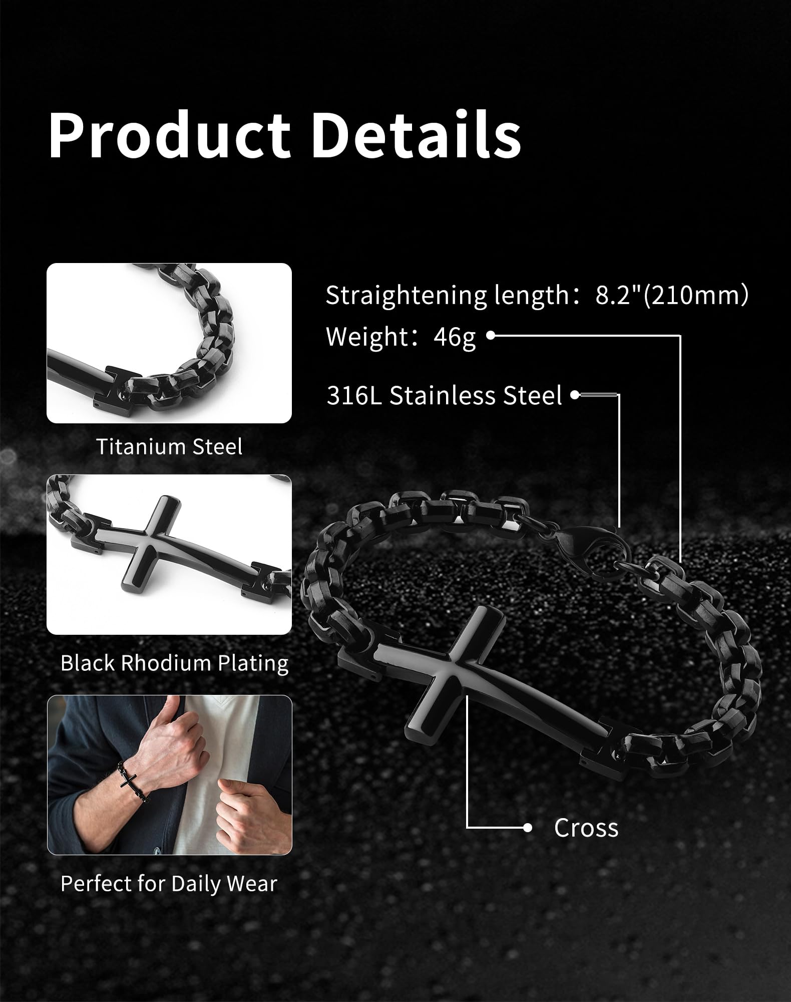 Pulsera de cruz de acero inoxidable para hombre, chapado en oro de 18 quilates, 316L cristiana, joyería religiosa para mujer, Acero inoxidable, Cruz de acero inoxidable 6
