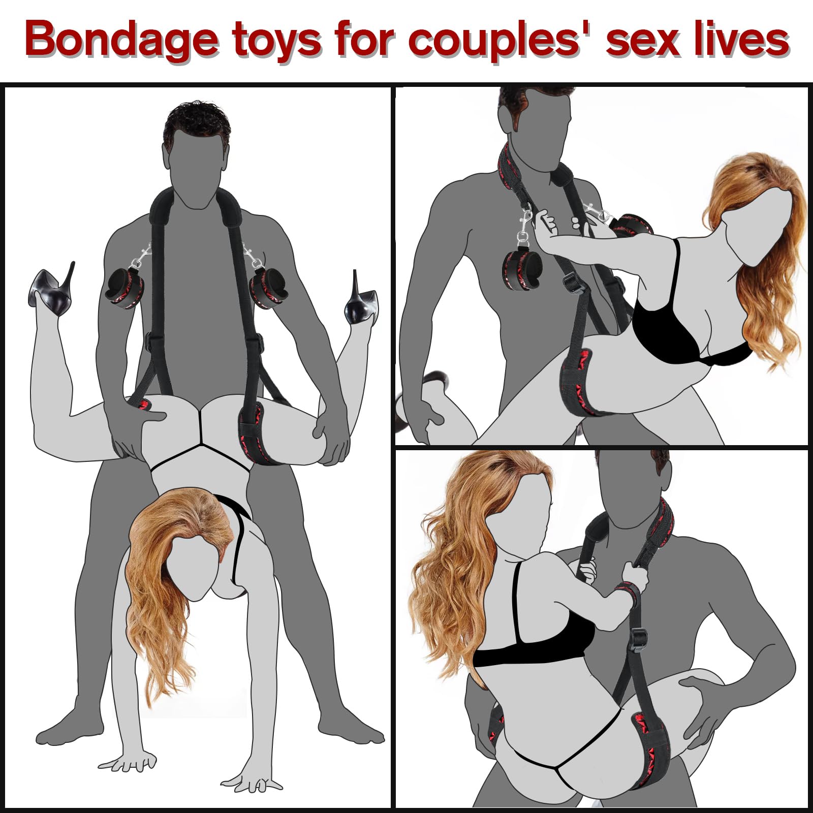 Sex Bondage BDSM Kit, Bed Restraints Set with Handcuffs Neck to Thigh/Ankle, Adjustable Leg Straps&Handcuffs for SM Adult Couples Game Play, Sex Toy for Women Beginner Leg Straps Tie Set Rope: Red Black