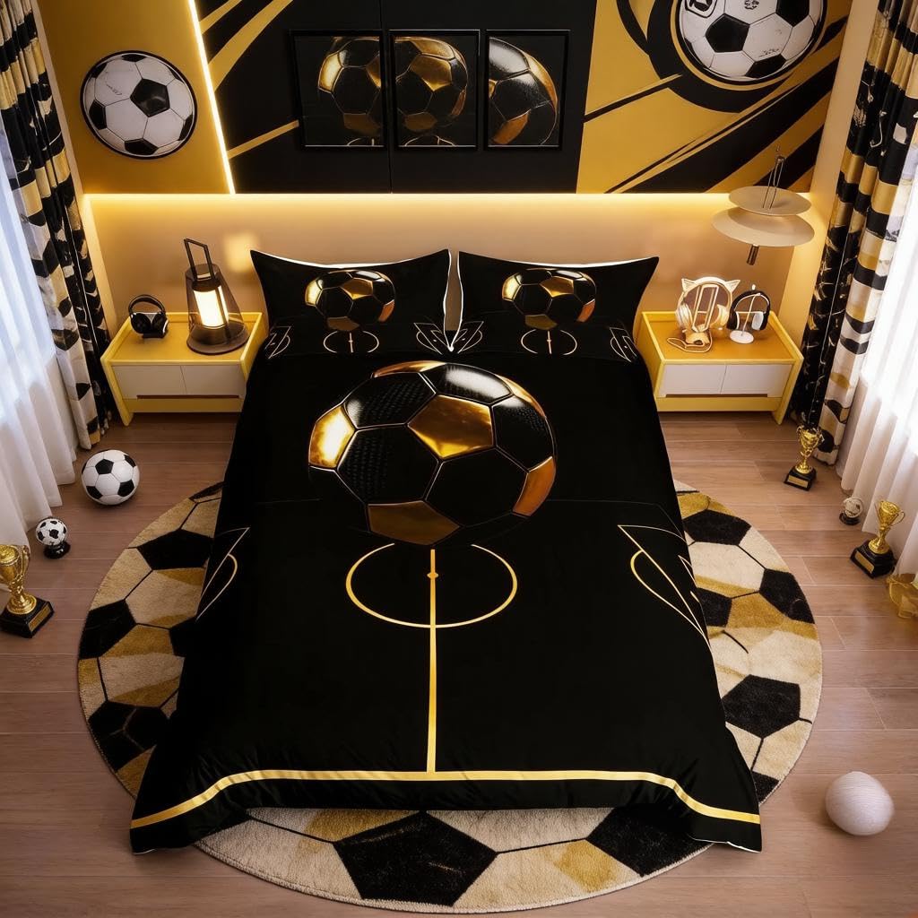 Homemissing Football Bedding Set Kids Luxury Black Golden Soccer Ball Comforter Cover Set for Boys Girls Football Sport Arena Duvet Cover Breathable Bedspread Cover Room Decor Double Size