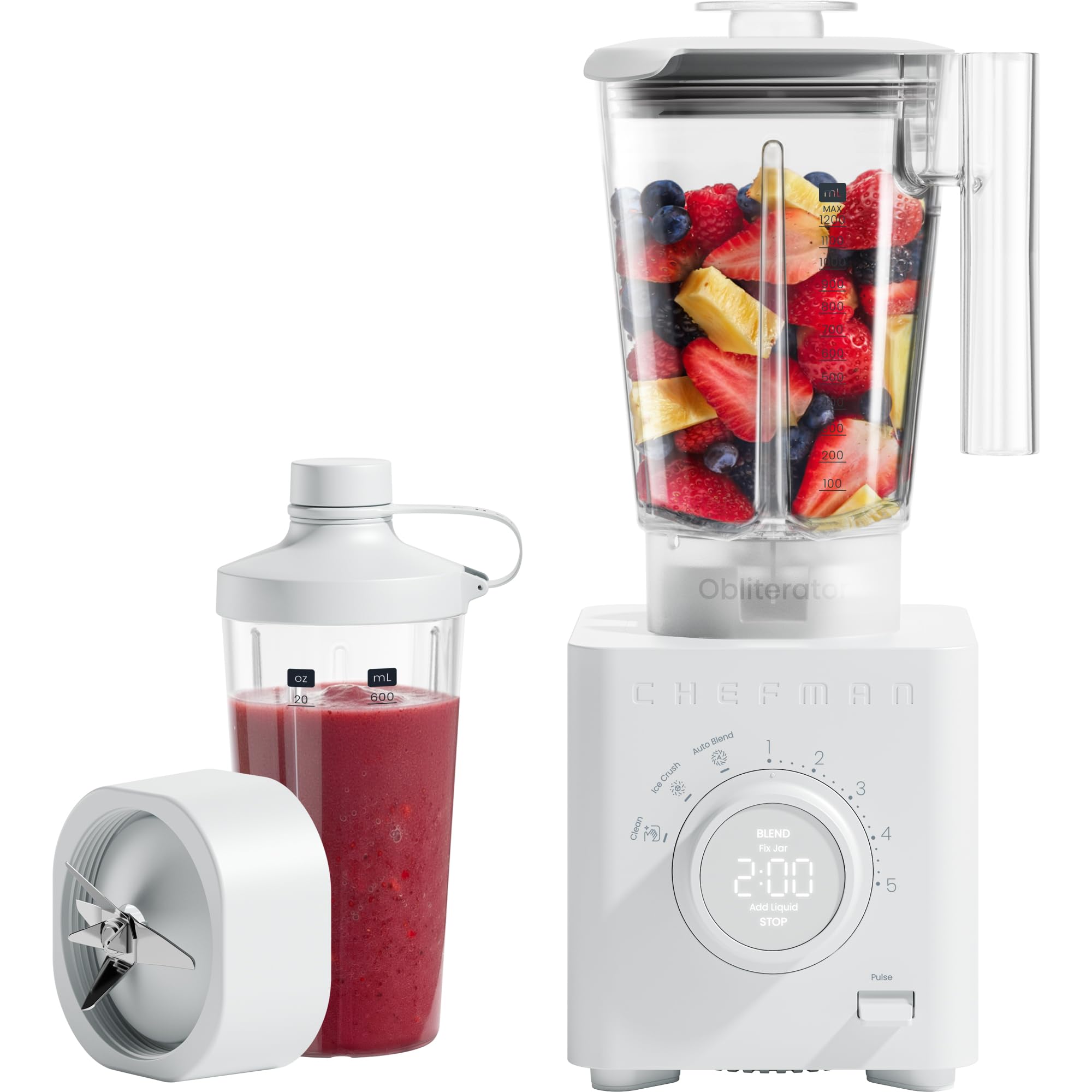 Chefman Obliterator Standmixer 1,2L 1350W, zerkleinert Eis & Früchte | für Smoothies, Edelstahlklinge, Auto-Blend, inkl. 600ml Reisebehälter, Betongrau