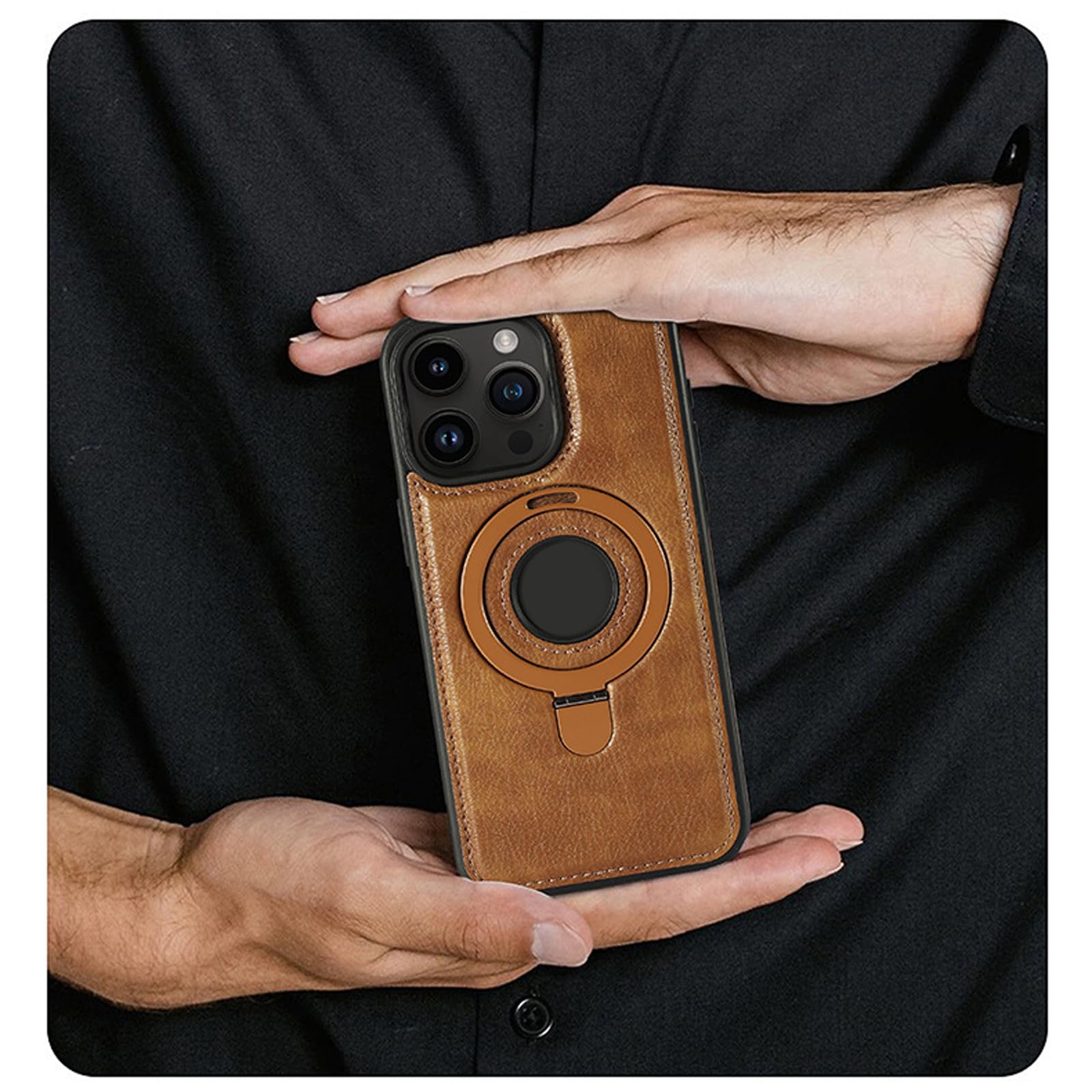 Braun,16 Pro, Lederhülle Für iPhone 16 Pro Max/16 Pro/16 Plus/16, Unterstützt Drahtloses Aufladen Schutzhülle Mit Ring Ständer Fall Case Logo View
