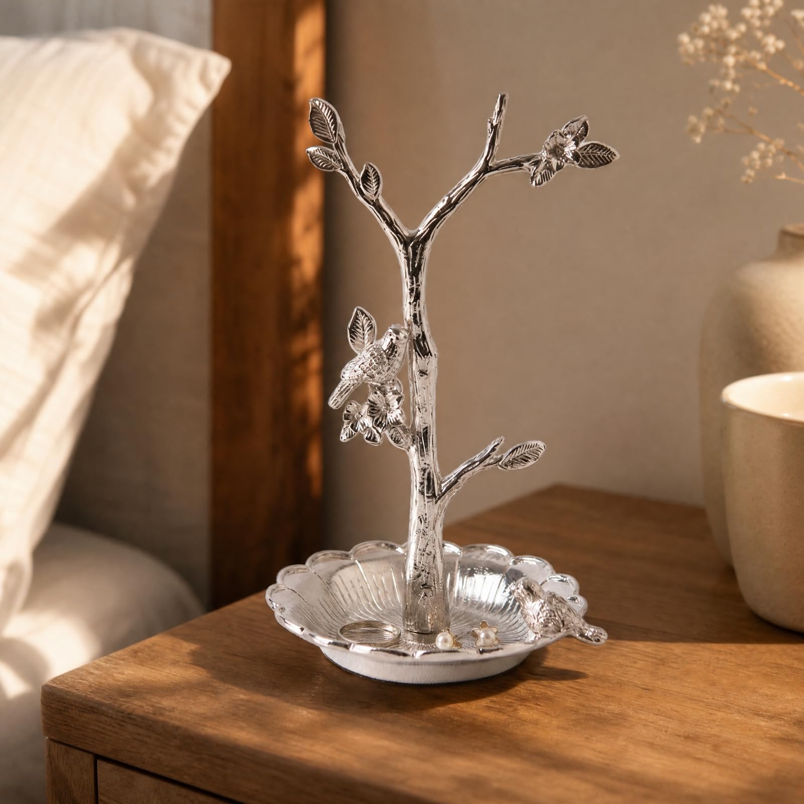 KESOTO Bandeja Organizadora Joyas Metal Decorativo Bandeja con Diseño Pájaro y Ramas Floral Soporte Joyería en Forma para Cómoda