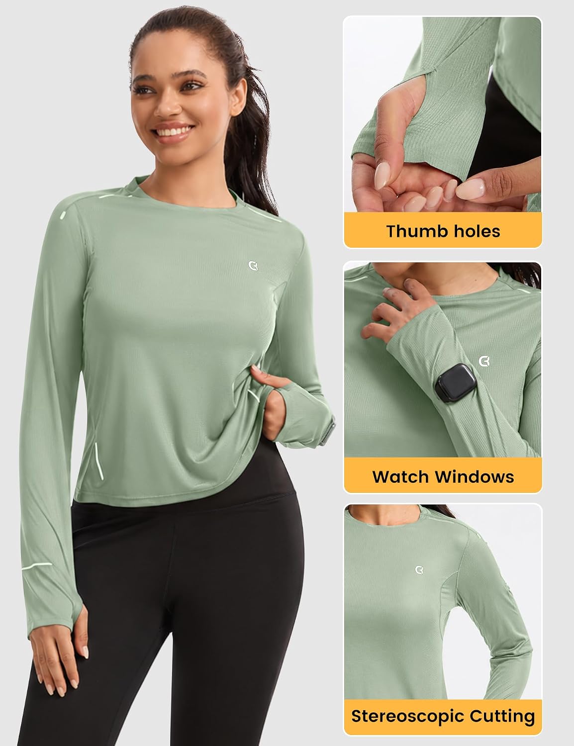 Long Sleeve Running Shirts for Women with Window Watch & Thumb Hole, Moisture-Wicking Reflective Workout Gym Tops