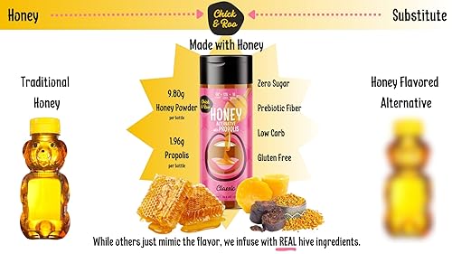 Miniatura 6 de Chick and Roo Miel sin azúcar con propóleos, alternativa natural a la miel, cero azúcar, fibra prebiótica, 1 carbohidrato neto, sin OMG, sin gluten,