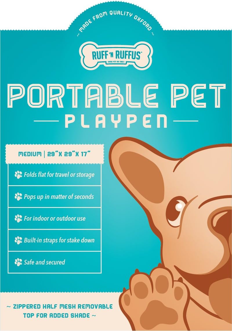 Ruff 'n Ruffus Portable Foldable Pet Playpen + Free Carrying Case + Free Travel Bowl | Available in 3 Sizes (Medium (29" x 29" x 17") with Free Bonus) : Pet Supplies