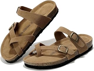 Genuine Leather Womens Sandals - Comfortable Cork Footbed Slides with Memory Foam Beach Essential Summer Sandals For Women 2025 (Lian)