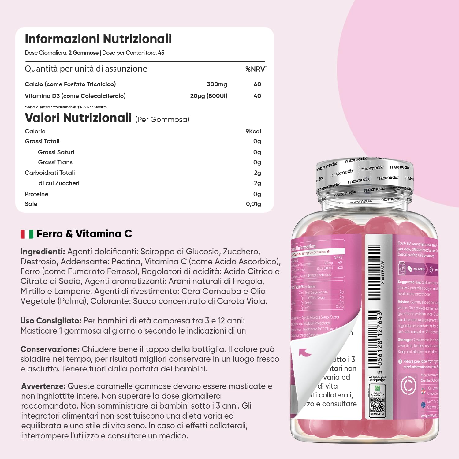 Vitamine Bambini con Omega 3-6-9, Ferro e Vitamina C, Calcio e Vitamina D3|Multivitaminico in Gommose, per Bambini dai 3 ai 12 anni, all'Aroma di Frutta, Integratore Alimentare Senza Glutine