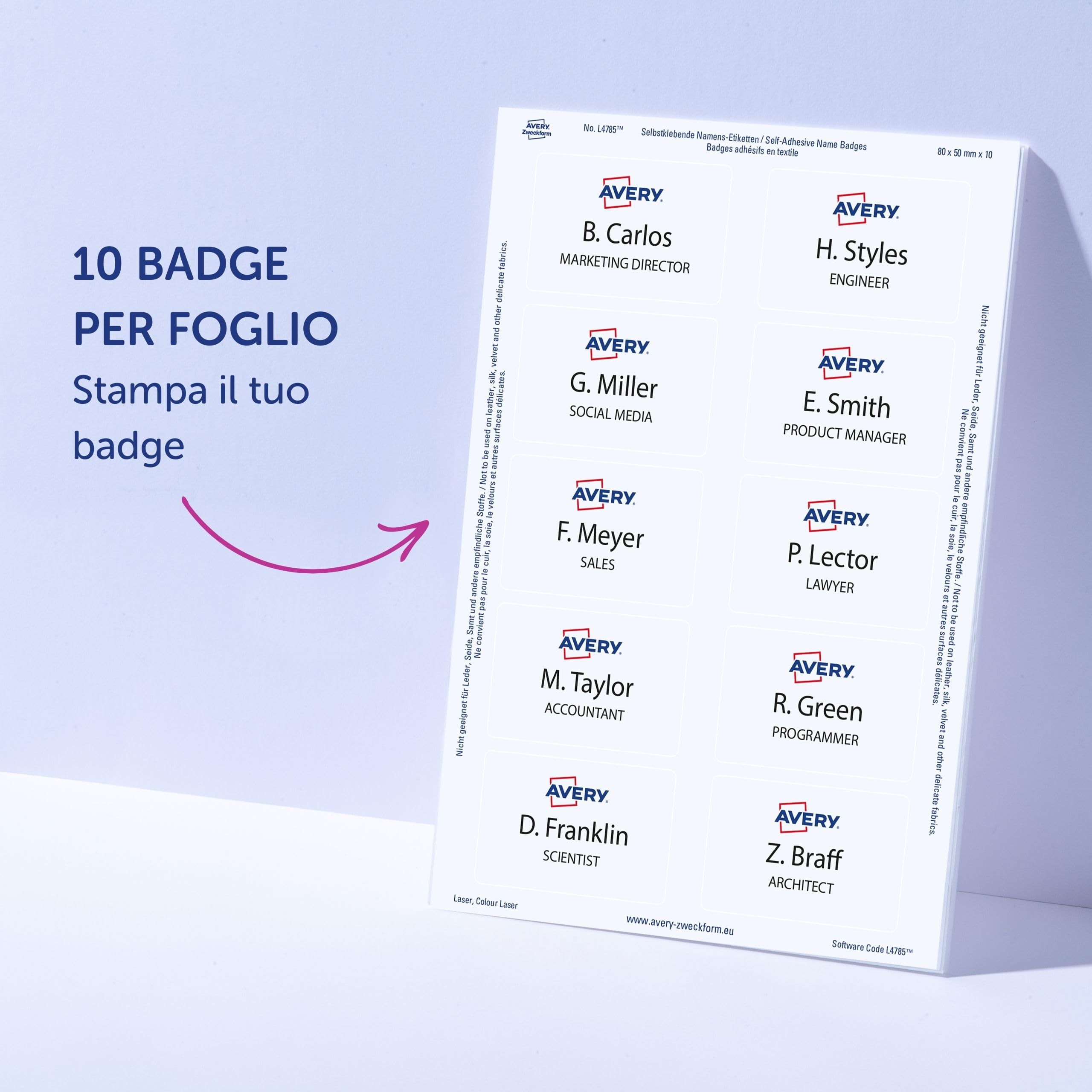Avery Italia L4785-20 Badge Adesivi, Stampanti Laser, 20 Fogli, 80 x 50, Bianco