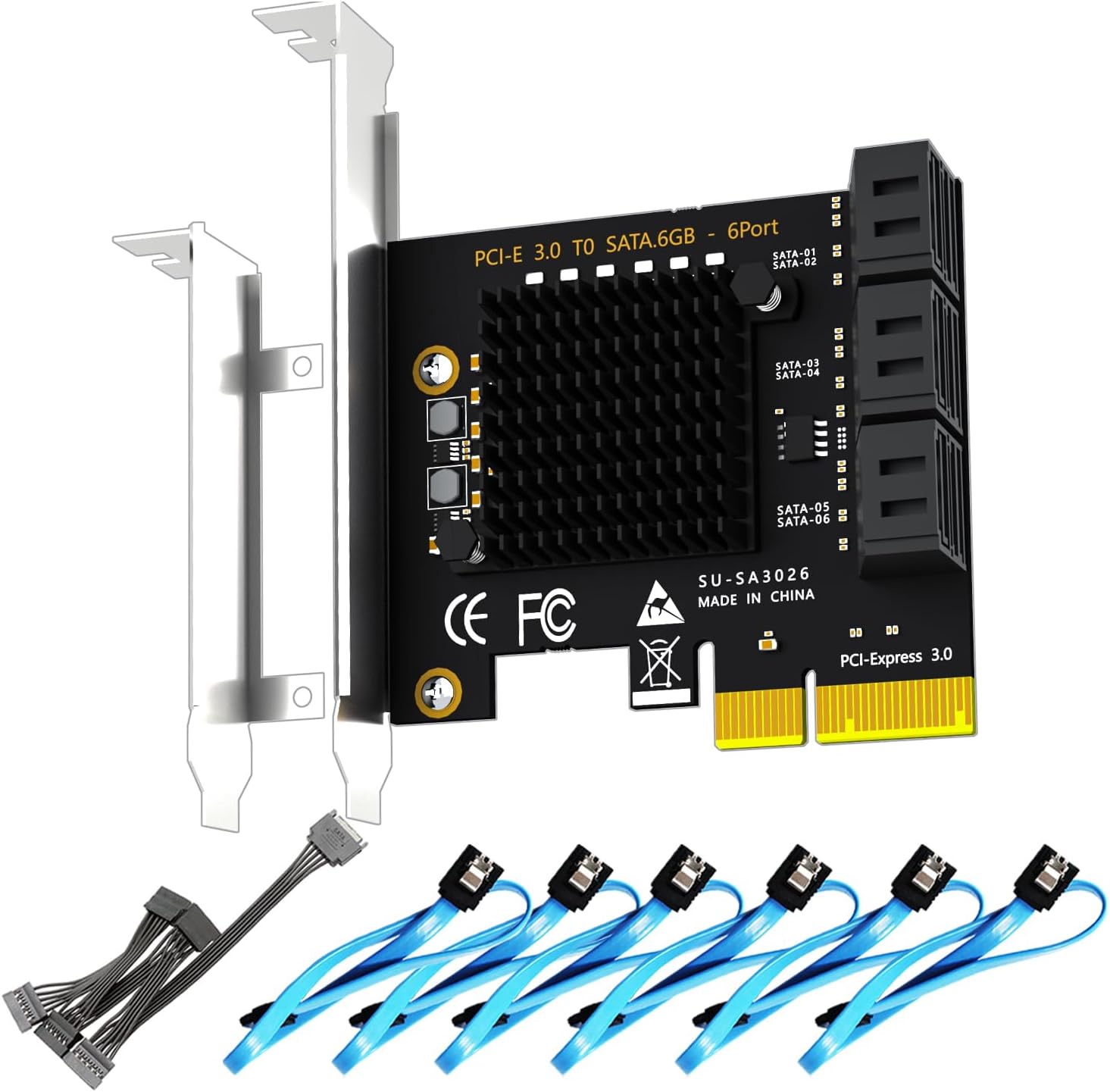 Product image of GLOTRENDS SA3026-C 6-Port PCIe X4 SATA Expansion Card with SATA and Power Cables, Compatible with Windows,Linux,Mac OS,NAS