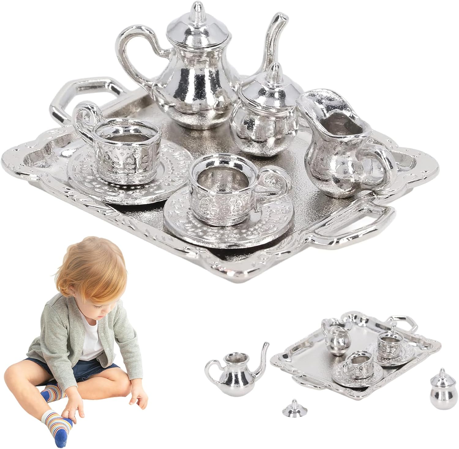 Ckuakiwu Tiny Tea Set Mini Tea Set, Metal 1/12 Miniature