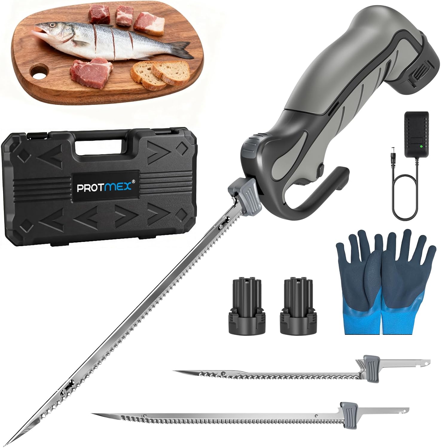 Protmex Cordless Electric Fillet Knife with 8" and 10" Sharp Blades, 12V Electric Fillet Knife with Non-slip Grip Handle, Gloves and Safety Lock, for Fishing, Filleting, Meat, Outdoors