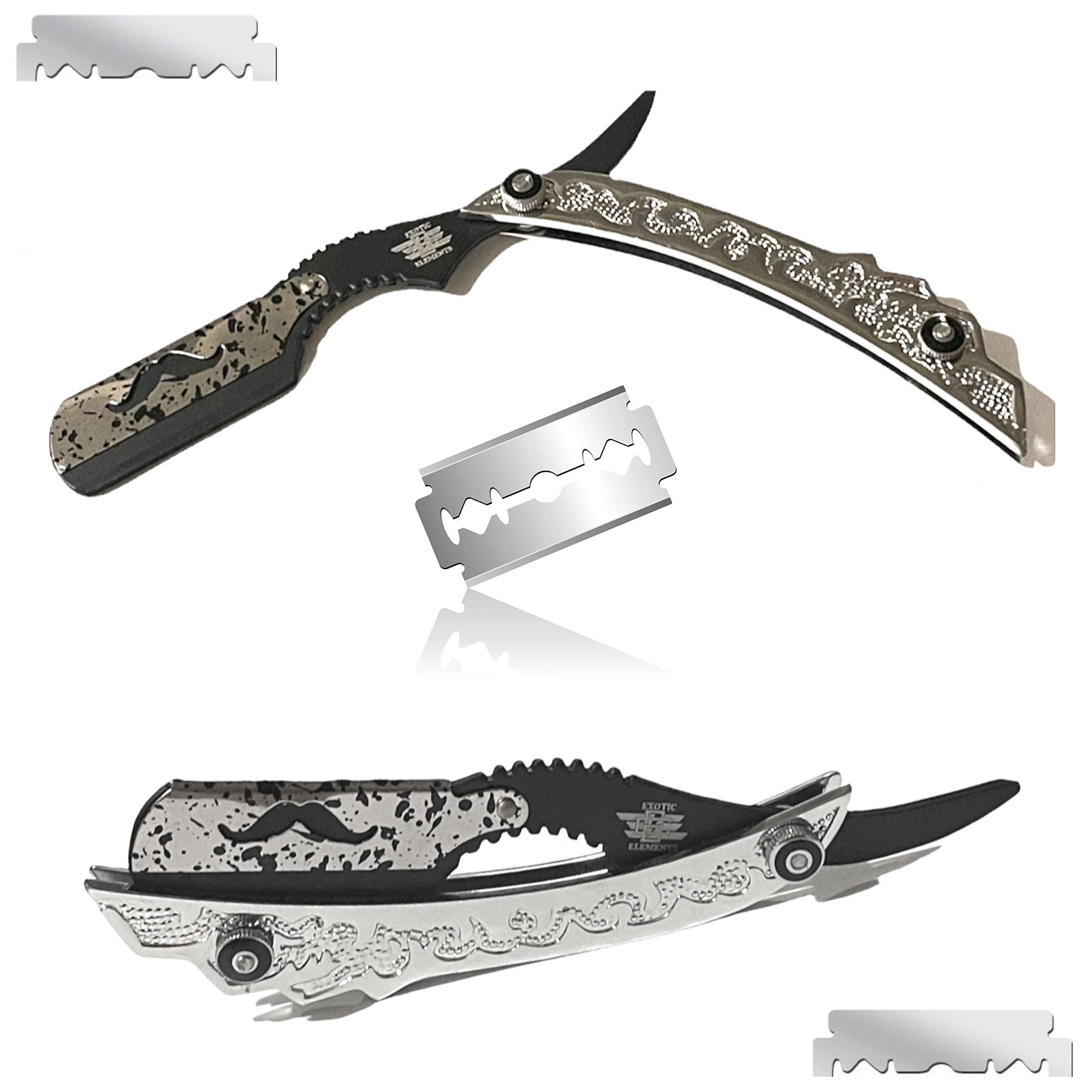 Silver and Black Barber Straight Edge Razor - Unique Design with Texture Paint - Good for Professional and Person Use - Holds Double Edge Blades
