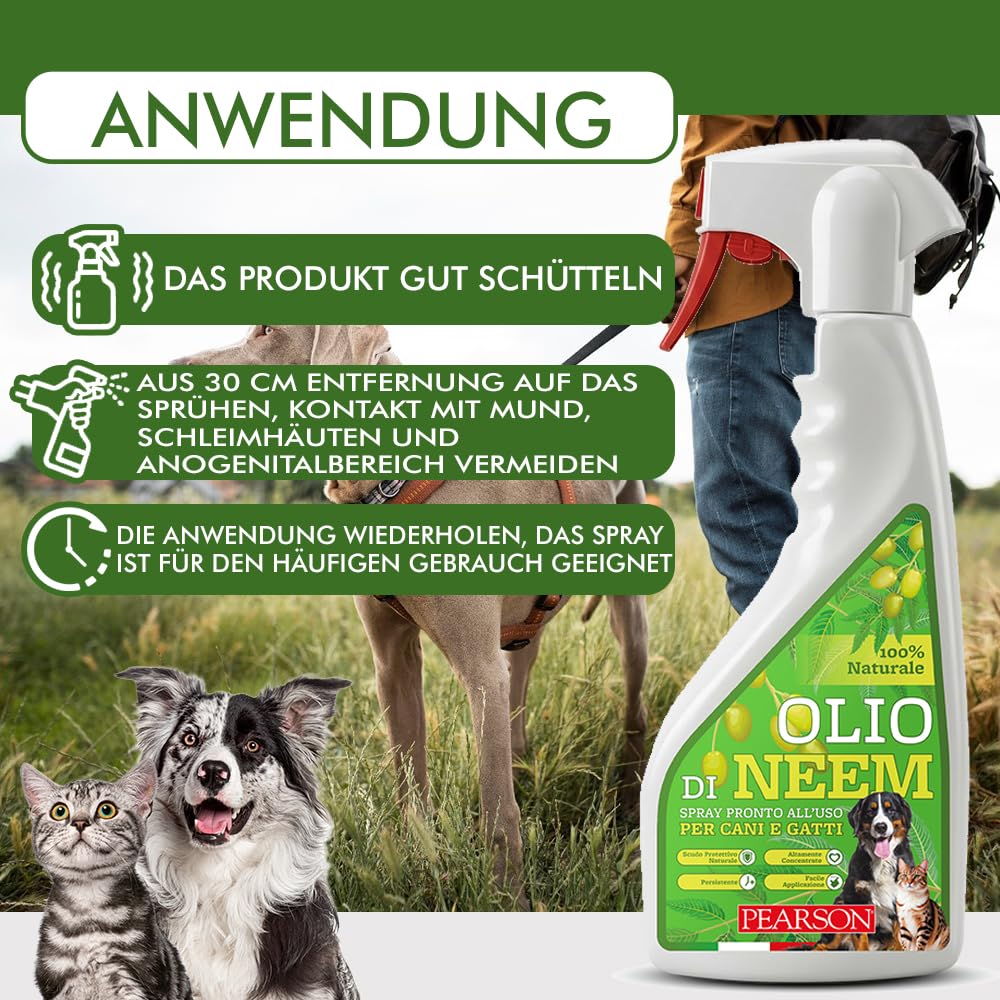 PEARSON Neemöl Spray für Hunde und Katzen 700ML, Natürlicher Schutzschild, Für Zecken, Flöhe und Mücken Unangenehmer Geruch, Neemöl Spray, Kombinierbar mit Antiparasitika für Hunde und Katzen