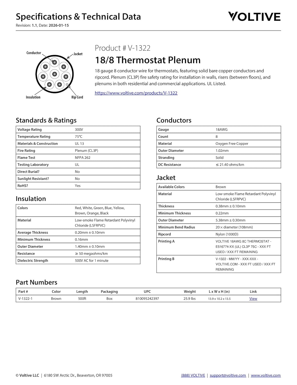 Voltive 18/8 Thermostat Wire, Plenum CL3P, Brown, 500ft - 18AWG, 8 Conductors, Solid Bare Copper, UL Listed - V-1322-1