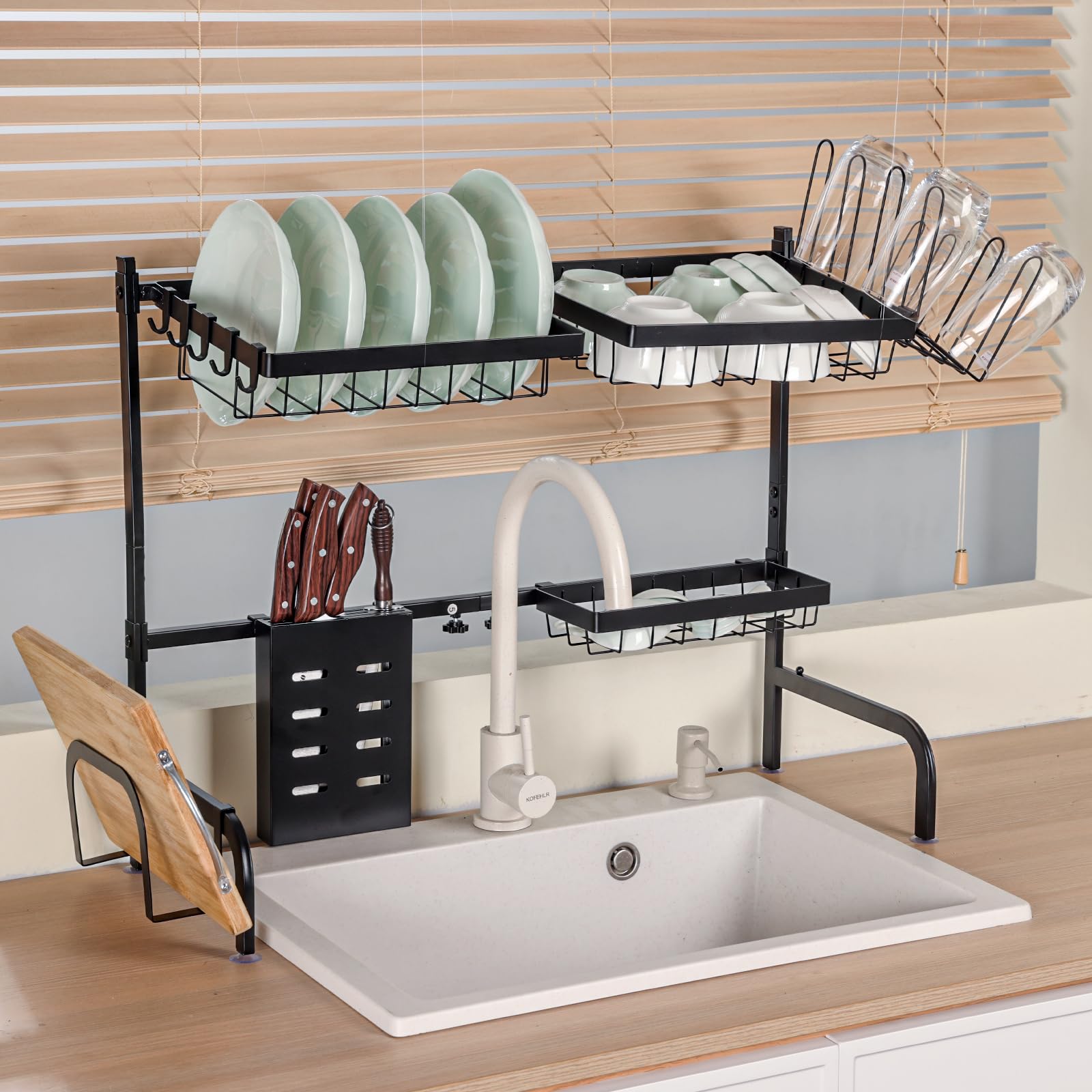 Over Sink Dish Drying Rack,2 Tier Dish Rack with Utensil Holder,Expandable Dish Drainer Shelf Rack for Kitchen Counter with Adjustable Length (26.8" to 34.6"),Large,Steel,Black