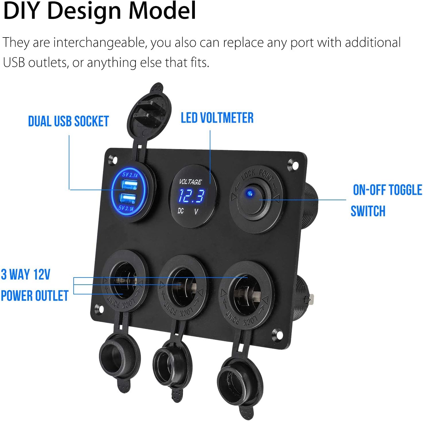 Linkstyle 6 in 1 Charger Socket Panel, 3 Cigarette Lighter Splitter with Dual USB Charger Ports & LED Voltmeter & Rocker Switch for 12V/24V Car RV Boat