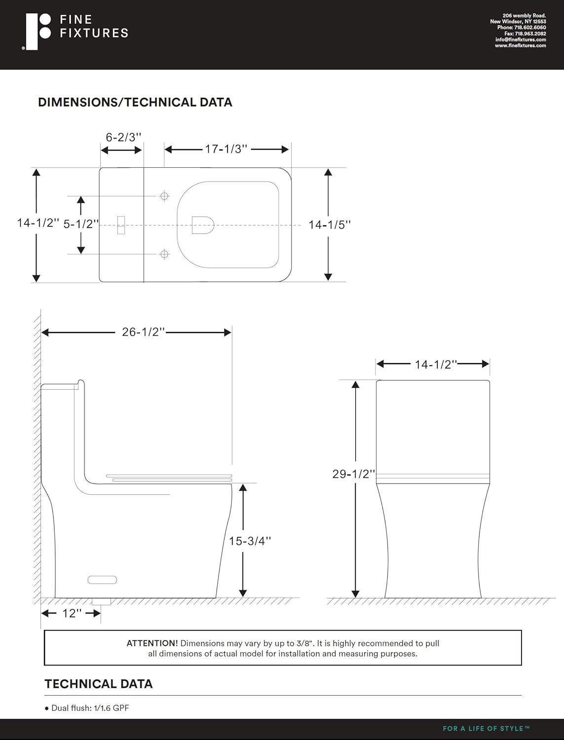 Fine Fixtures Dual-Flush Elongated One-Piece Toilet with High Efficiency Flush