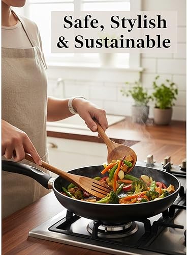 Miniatura 7 de Juego de utensilios de madera de teca 100% natural, 10 cucharas de cocina duraderas para cocinar, antiadherentes y resistentes al calor, ecológico y