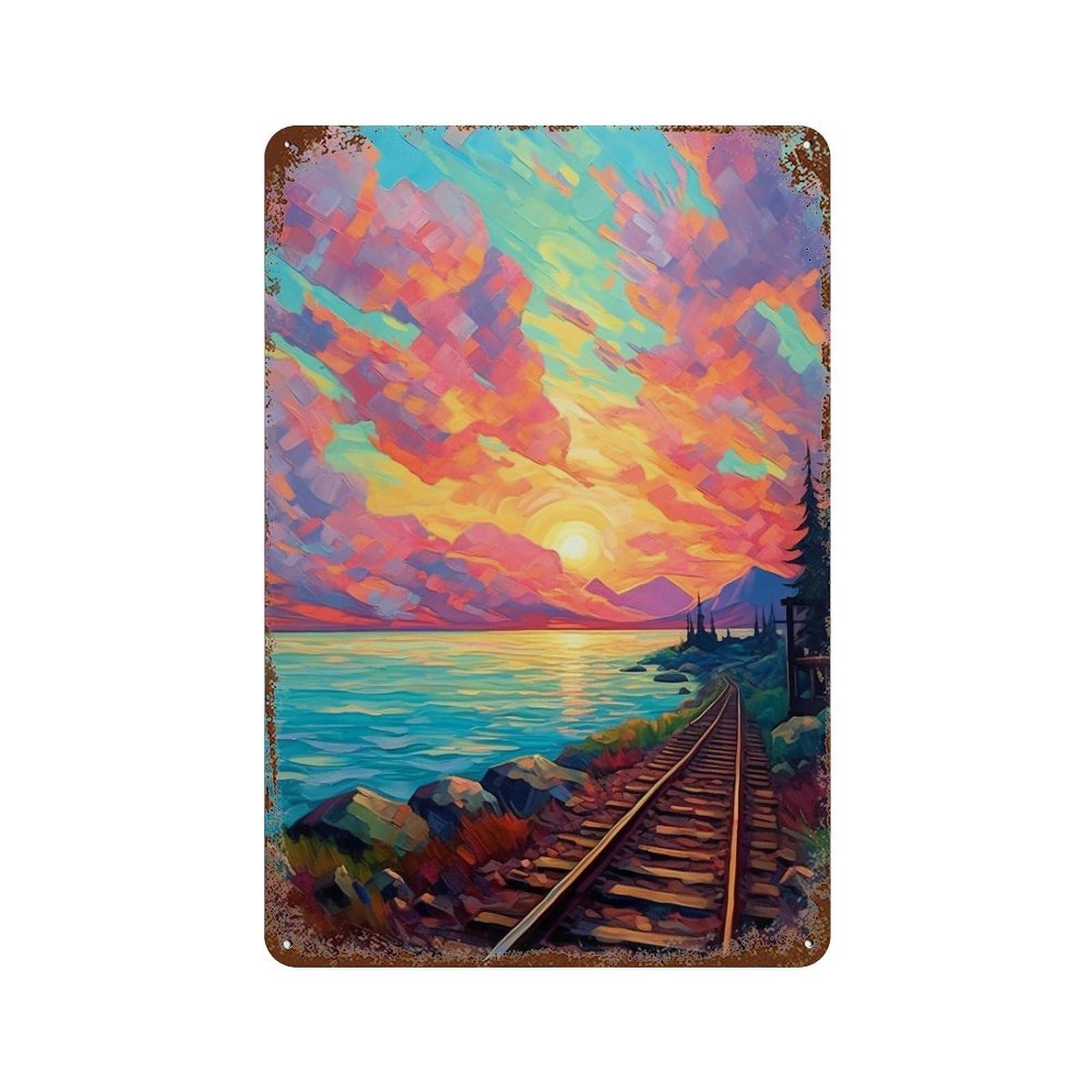 Sunset Train Tracks Painting Distressed Metal Wall Sign 11.8"x7.9", Industrial Home Decor for Garage, Pub Or Kitchen