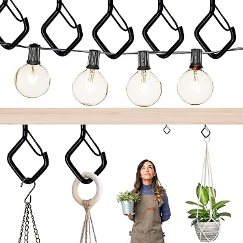 30 Pcs Outdoor Hooks for String Lights,Screw Hooks for Hanging Plants,Ceiling Hooks with Safety Buckle,Square Hanger for Wind Chimes,Bird Feeder,Lanterns,Christmas Decorations (Black)