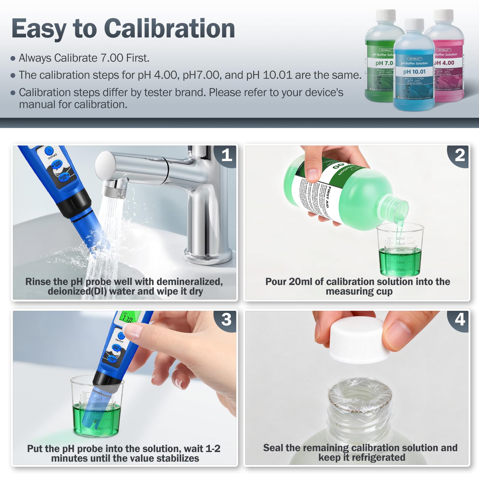 Kit de Solution d'étalonnage pour pH Metre, 3 Flacons de 500 ml Solution Tampon pH 7.00/4.00/10.01 avec 3 Gobelets Doseurs, et 30 ml Solution de Stockage de Sonde pH, Mesures de pH