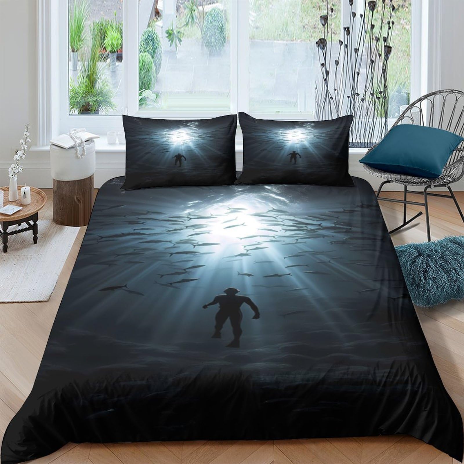 Ctjqhvkz Style-1 3D Printed Underwater Mystery Fitted Sheet Microfiber Soft Black Shadow Mattress Cover For Bedroom Guest Room Decor Single（135X200cm）