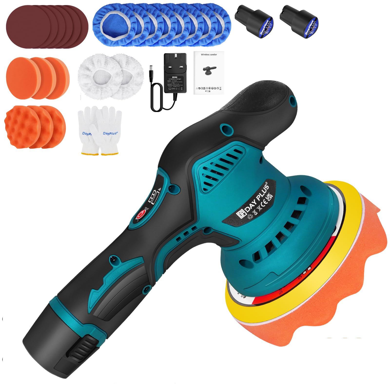 Máquina pulidora de coche con batería, 21 V, juego de 22 unidades, pulidora excéntrica para coche, pulidora excéntrica de 12 mm, 8 velocidades variables, para el cuidado del coche, pulido, encerado