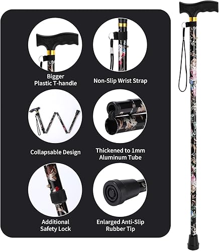 Miniatura 2 de Walking Cane ANCKNE Cane for Woman Lightweight, 5-Level Height Adjustable and Aluminum Folding Canes for Seniors Ergonomic Wheeled Handle Negro