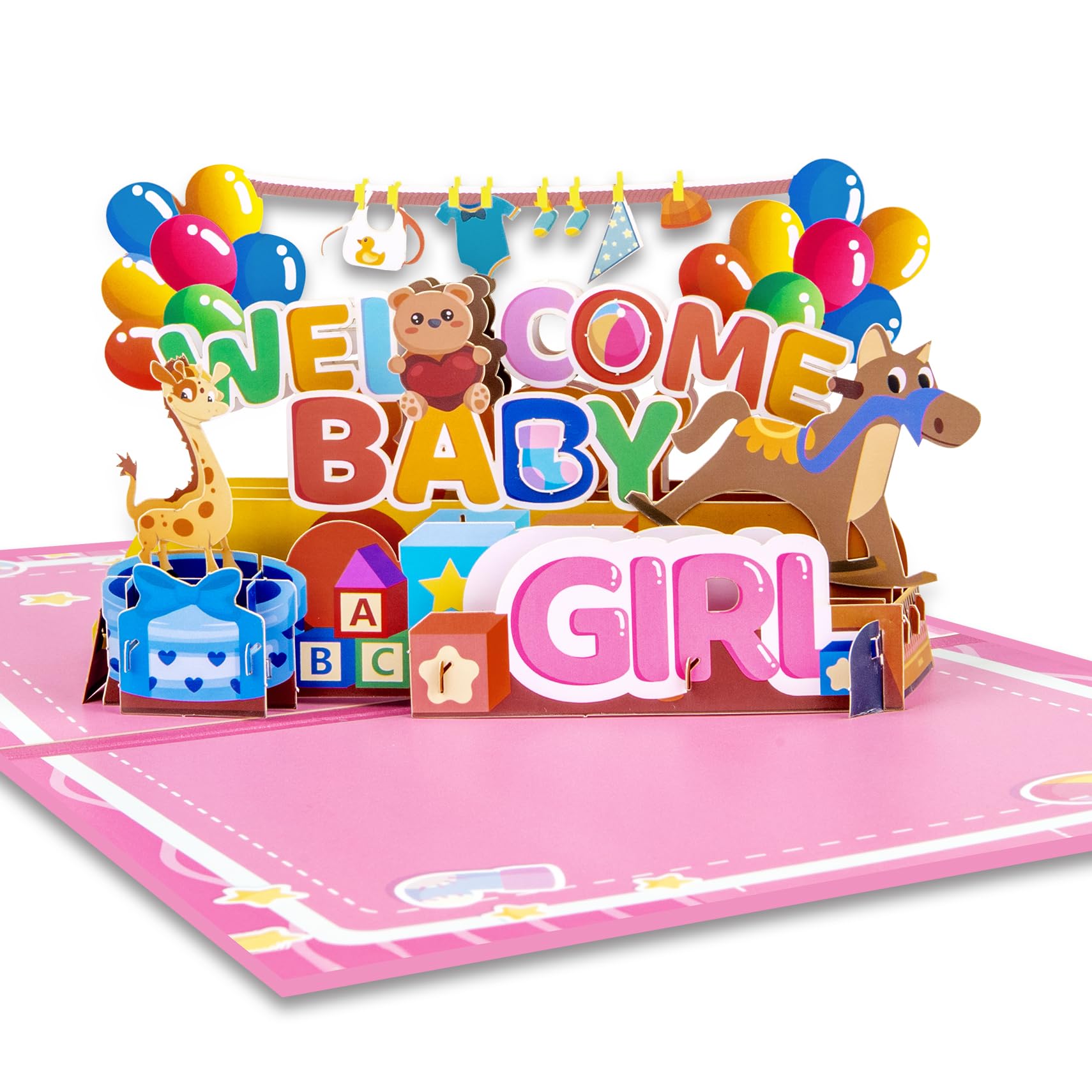 GREETING ART New Baby Girl Card, Pop Up Baby Shower Card for Girl Welcome New Baby Girl
