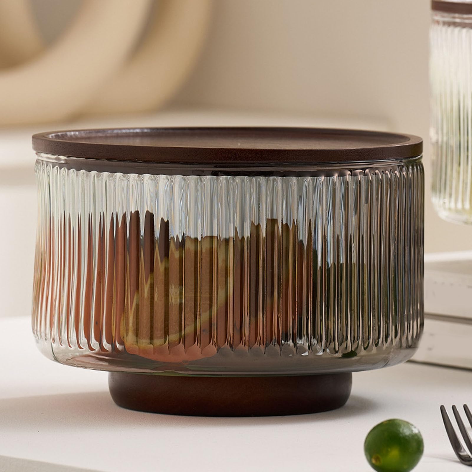 Fockety Ensaladera de Vidrio con Tapa y Base de Madera, 7.9in, para (Medio) | Tazón grande para servir, plato versátil para mezclar, frutero, plato para bagatelas para cocina y fiestas