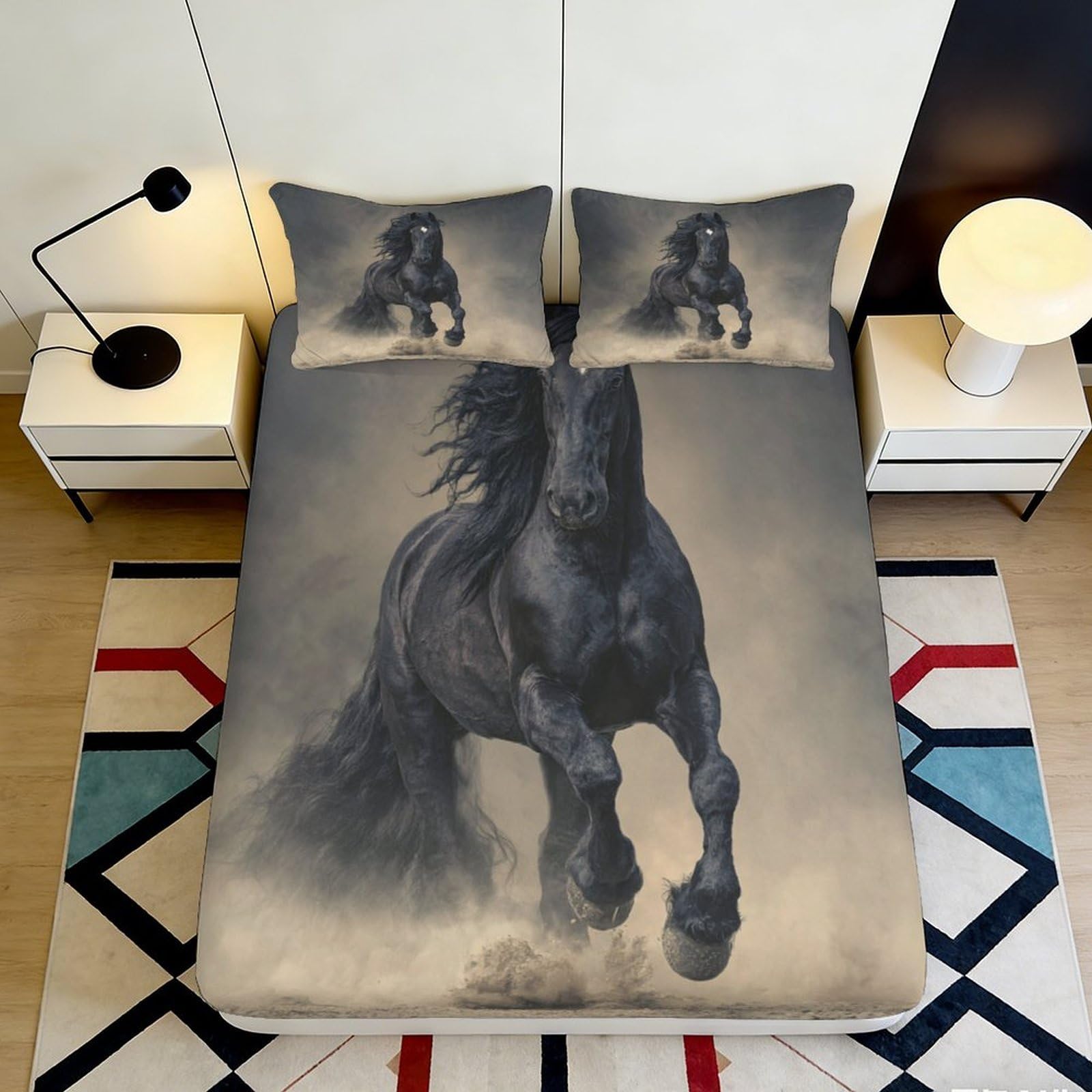 Jqzkxnhpbr Style-8 3D Printed Black Horse Fitted Sheet Microfiber Anti-Slip Bedroom Decor Running Stallion Mattress Cover Easy Care 90X200x25cm