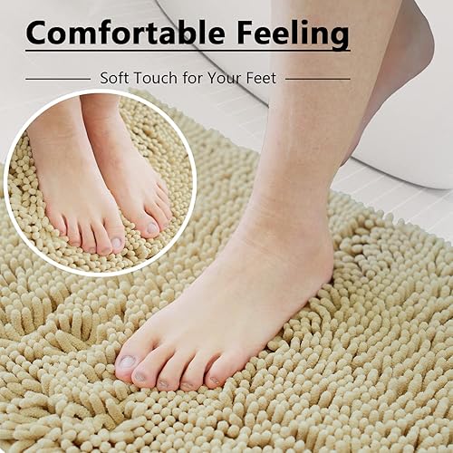 Miniatura 4 de Tapetes de baño de felpilla súper suave, absorbente, con parte inferior antideslizante de PVC duradero, lavable a máquina (24 x 16 pulgadas, beige)