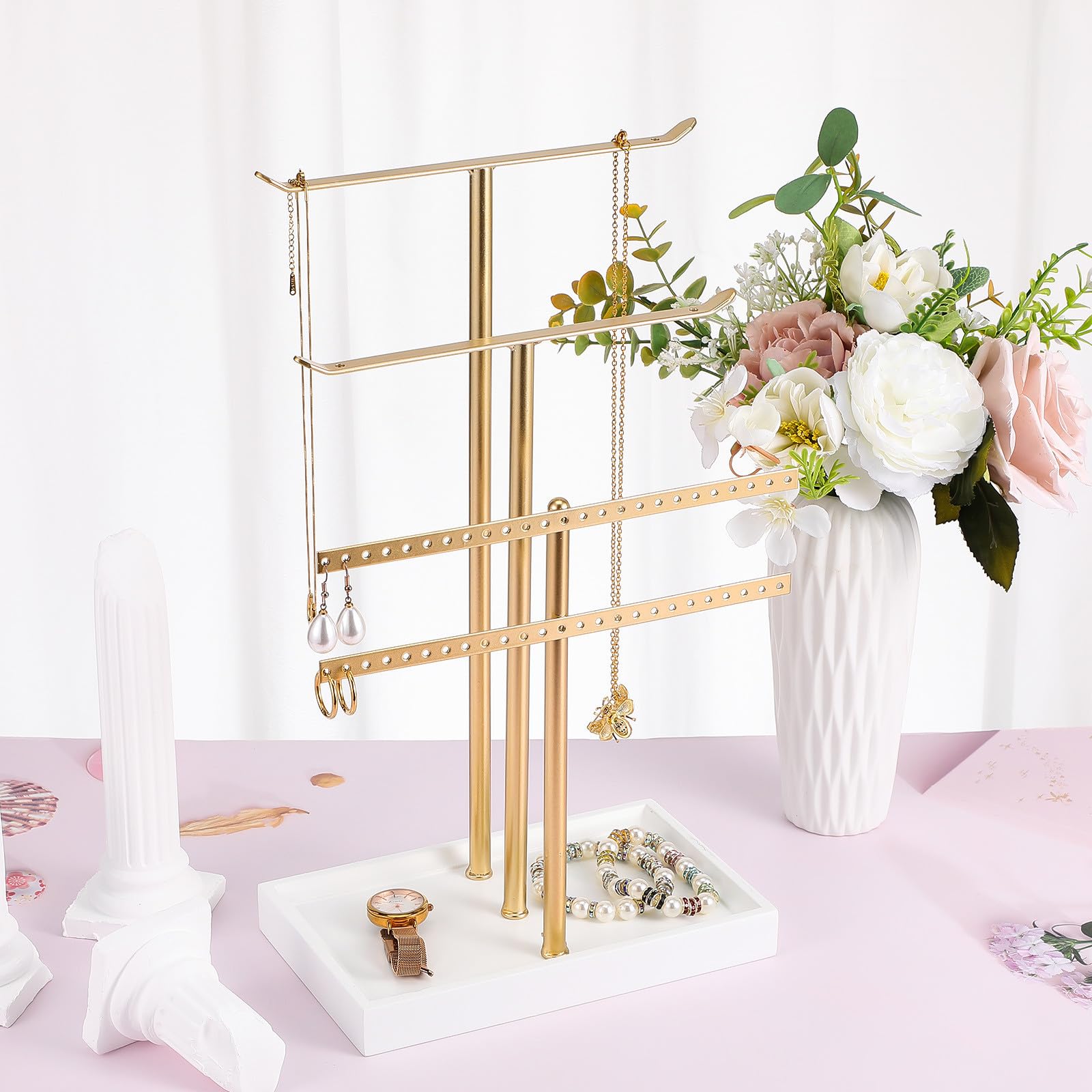 INOOMP Soporte Organizador de Joyas de Metal Múltiples Niveles, Almacenamiento Versátil y Diseño Elegante para Collares y Pendientes en Escritorio