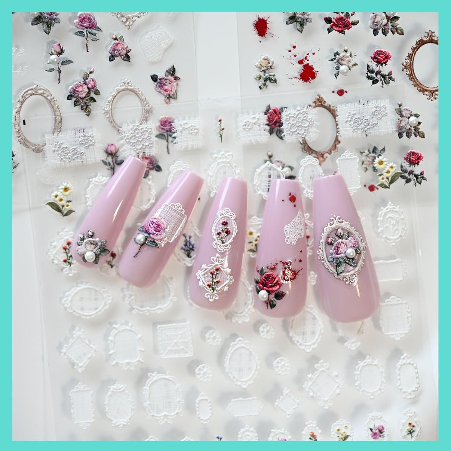 Rose Flower Frame Nail Art Stickers Pearl Rhinestones Embossed Vintage Nail Decals for Nail Art Design Self-Adhesive Nail Accessories for Women Nail Art Supplies 3 Sheets - Image 5
