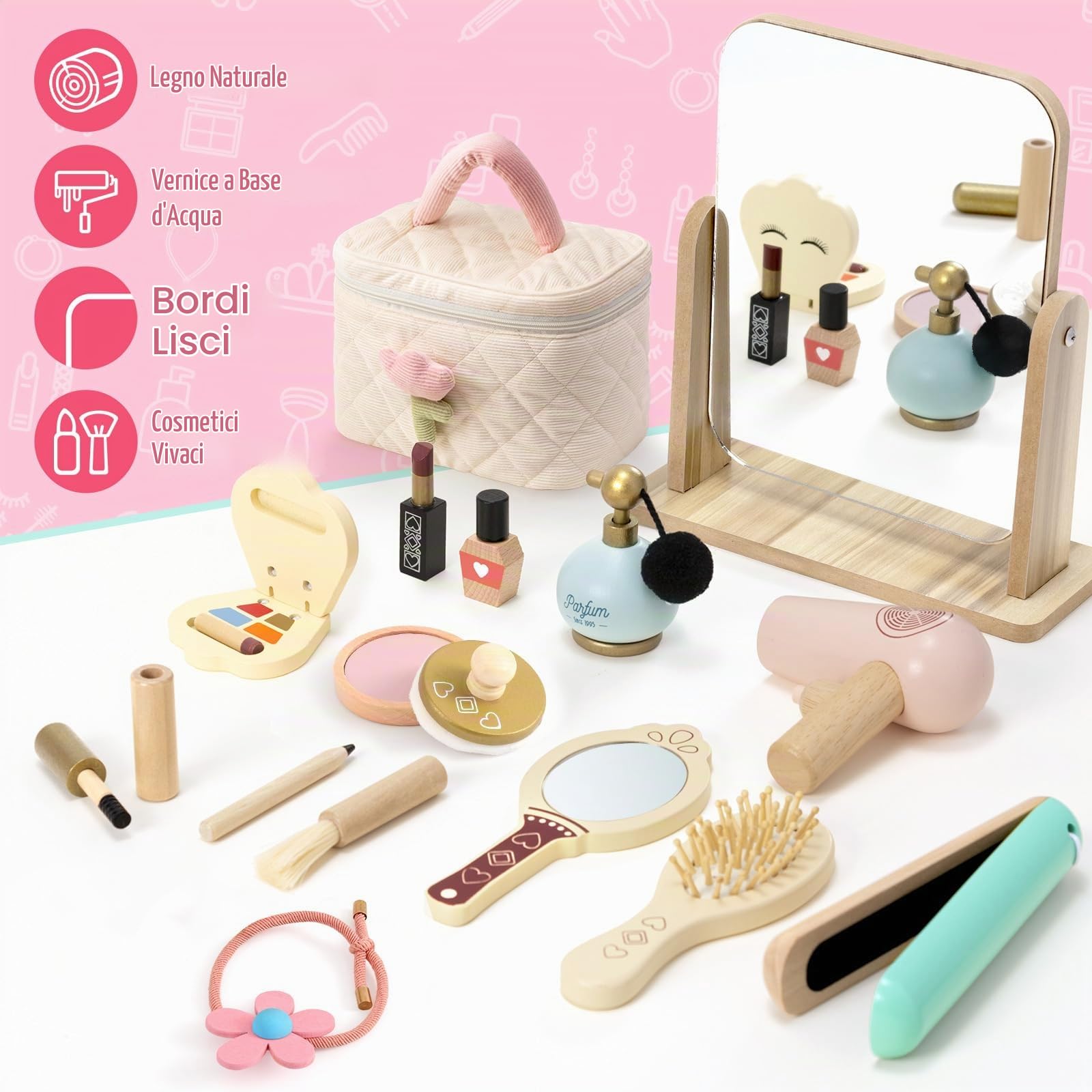 Atoylink Trucchi Bambina in Legno 3 4 5 6 Anni, Finti Trucchi Set con Set Parrucchiera Bambina Trousse Trucchi Giocattoli Giochi Legno Regalo per Bambini Ragazza 3 4 5 6 7 Anni