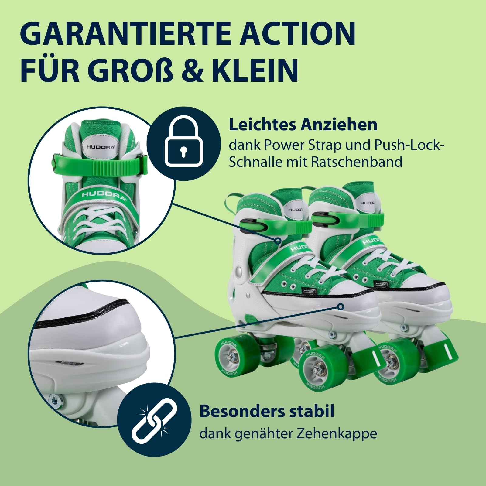 HUDORA Roller Skates Sneaker in versch. Farben & Größen - Kinder Rollschuhe über 4 Größen verstellbar - Rollschuhe für Kinder & Jugendliche - Roller Schuhe mit 4 austauschbaren Innensohlen