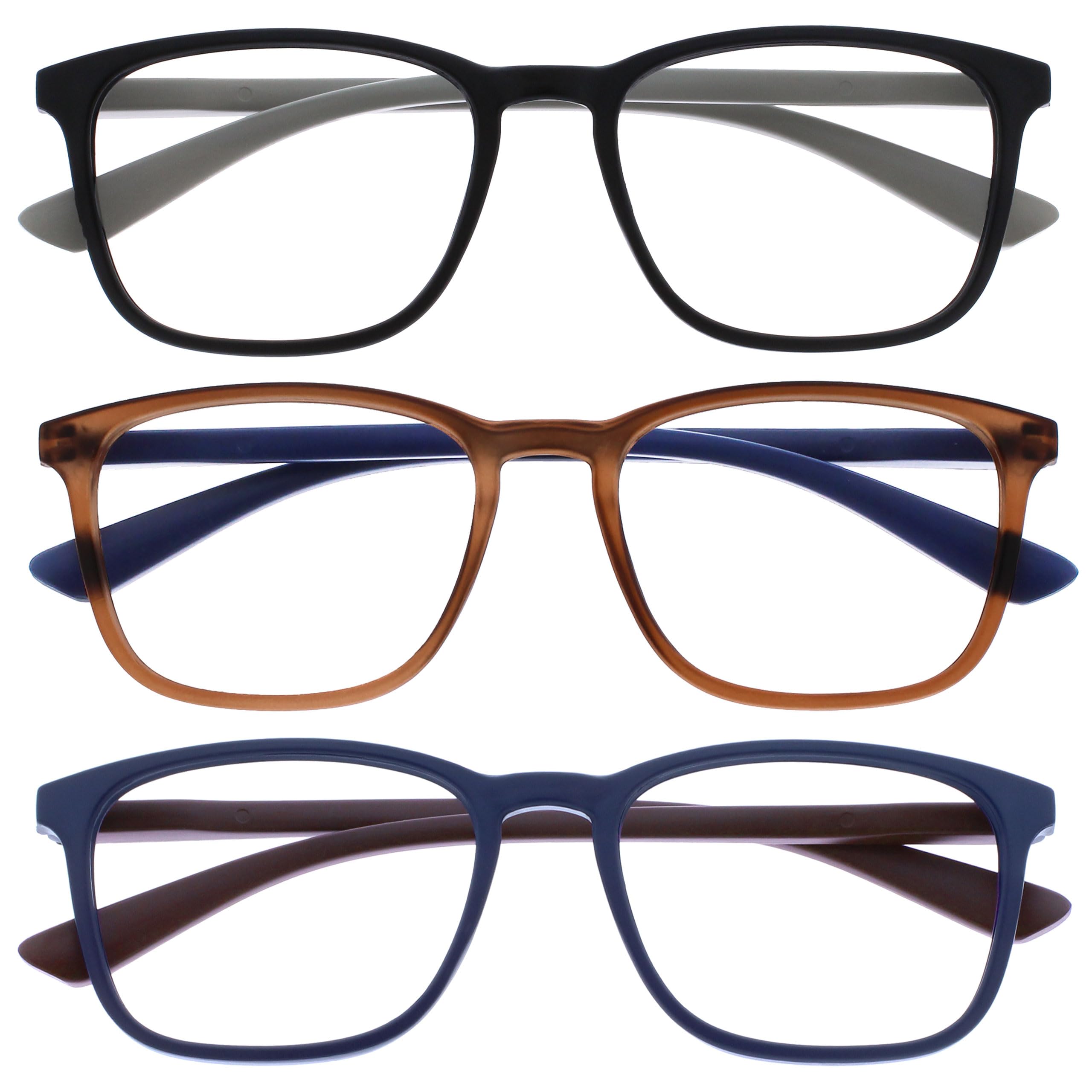 OPULIZE Max Reading Glasses 3 Pack, Classic Large Rectangular Frame, Matt Black Brown Blue, Men's Women's Unisex