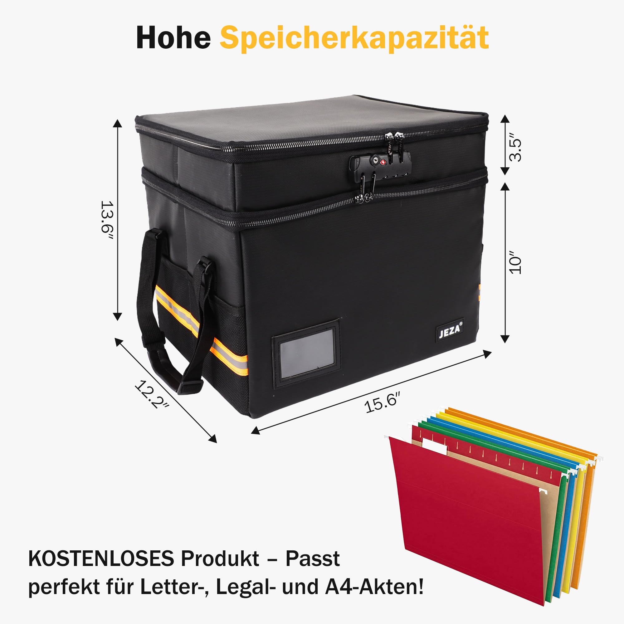 Jeza Feuerfeste und Wasserfeste Dokumentenbox mit Schloss, Faltbare Aufbewahrungsbox für Büro & Zuhause - Sichere Aufbewahrung für Dokumente & mehr - Inklusive 12 gratis Hängemappen