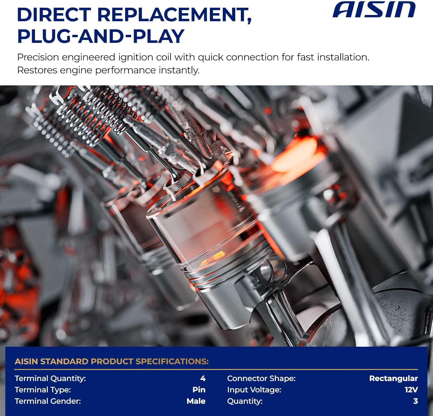 AISIN AFTERMARKET ESCAZ-00336 Pack of 3 Ignition Coils - Compatible with Kia Sorento K900 19-20, Sedona 19-21, Cadenza 17-20, Stinger 18-23, Hyundai Palisade 20-25, Genesis G70 19-25, G80 17-20