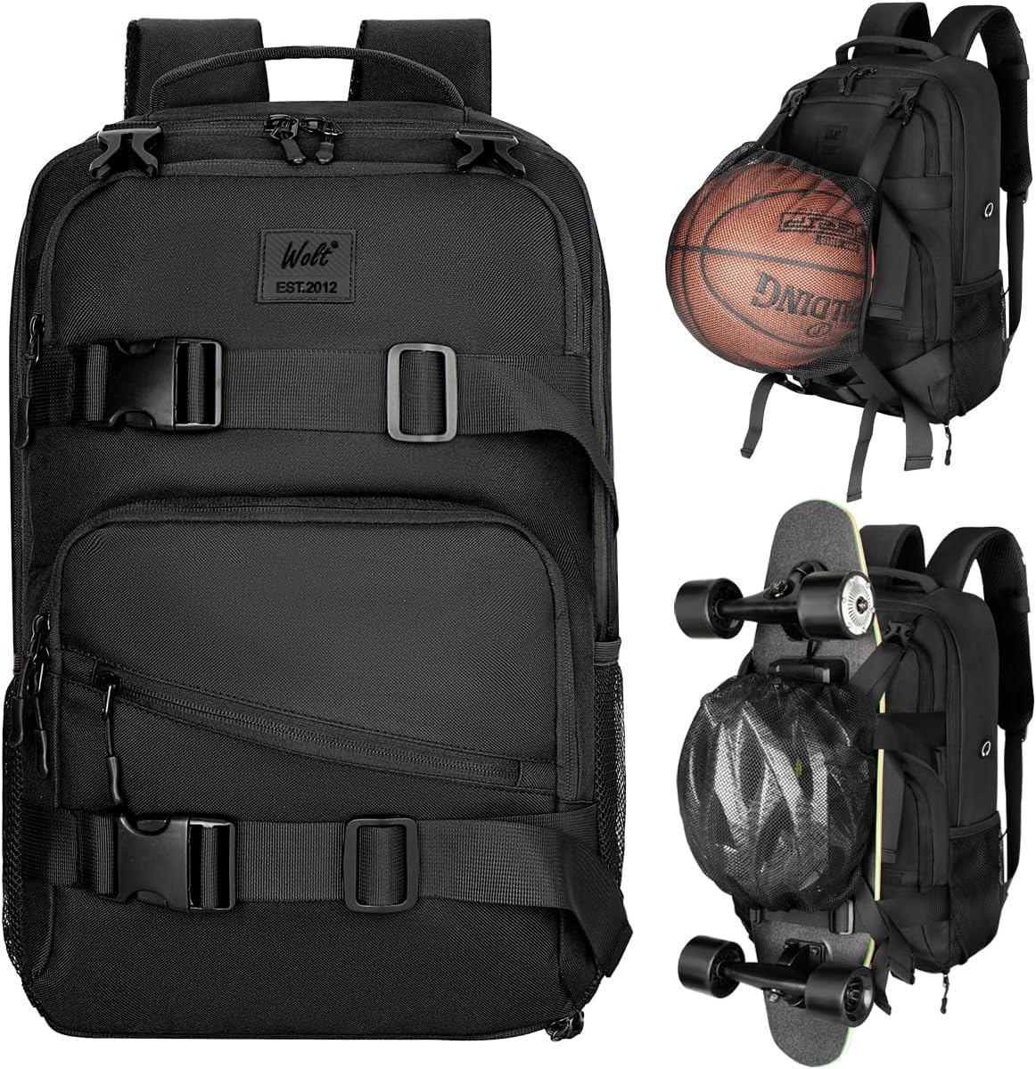 WOLT Skateboard Backpack, 15.6 Inch Laptop Backpack for Men Women, Sports Backpack with Ball Holder