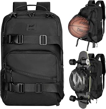 WOLT Skateboard Backpack, 15.6 Inch Laptop Backpack for Men Women, Sports Backpack with Ball Holder