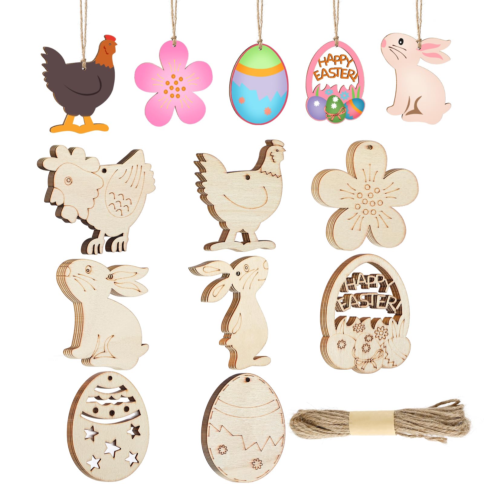 MIAHART 128 Pz Ornamenti in legno di Pasqua Etichette pasquali non finite Uova Ritagli di pulcino coniglietto Fette con corde per artigianato pasquale fai-da-te Decorazioni pasquali