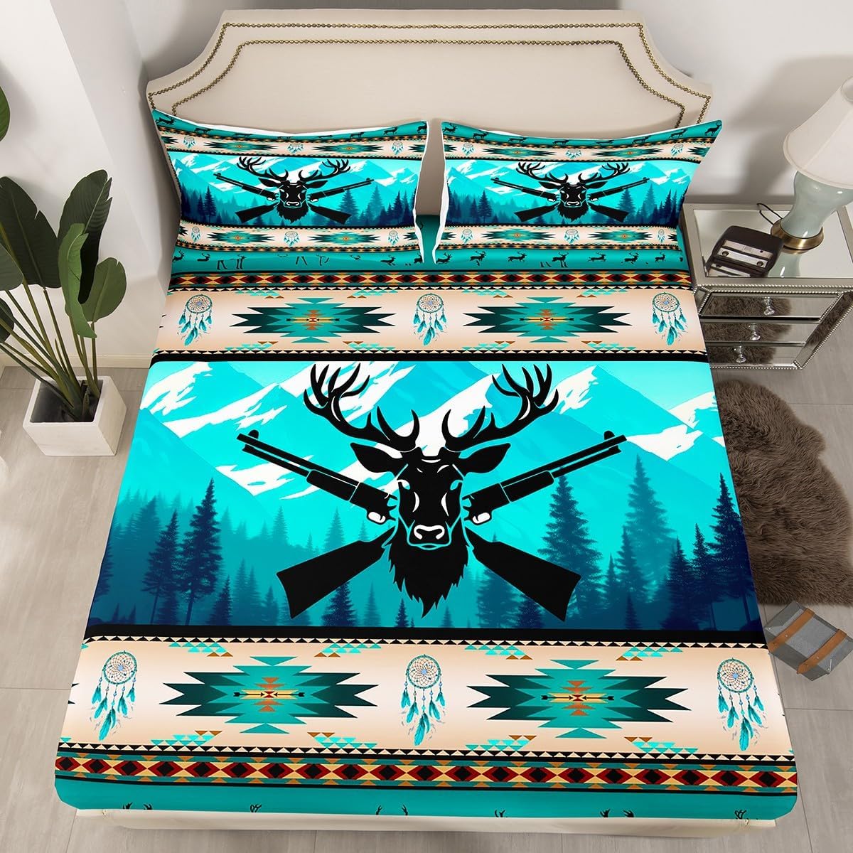 Woodland Animals Fitted Sheet Queen Lodge Cabin Bed Sheets,Pine Trees Wildlife Bear Moose Elk Wolf Bedding Set Country Cottage Wood Plank Deer Silhouette Sheets,Farmhouse Rustic Home Decor