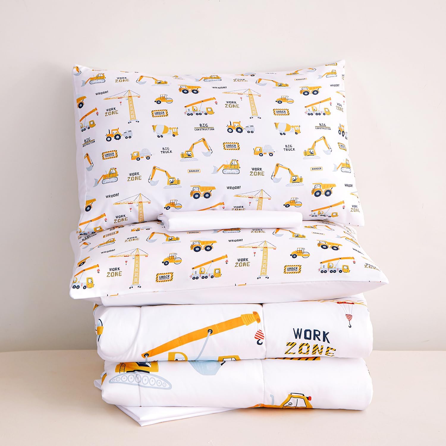 Cars Twin Bedding Set for Boys, 5 Piece Comforter with Sheets and Sham, Kids Twin Size Bed Set, Fun Car and Digger Bedroom Decor, Boys Kids' Bedding Sets Gift for Teen Children's Room